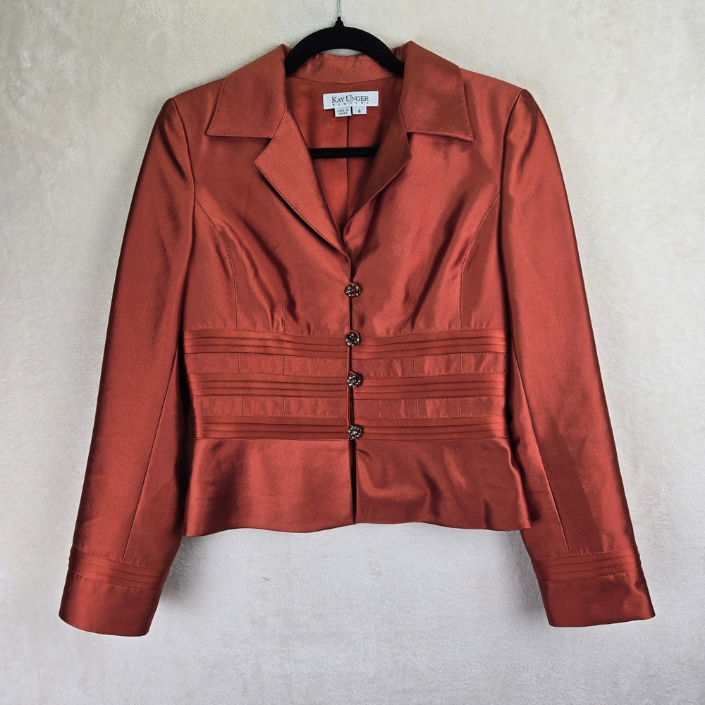 Kay Unger New York Blazer Jacket Silk 4 Copper Jewel‎ Button Elegant Career Luxe